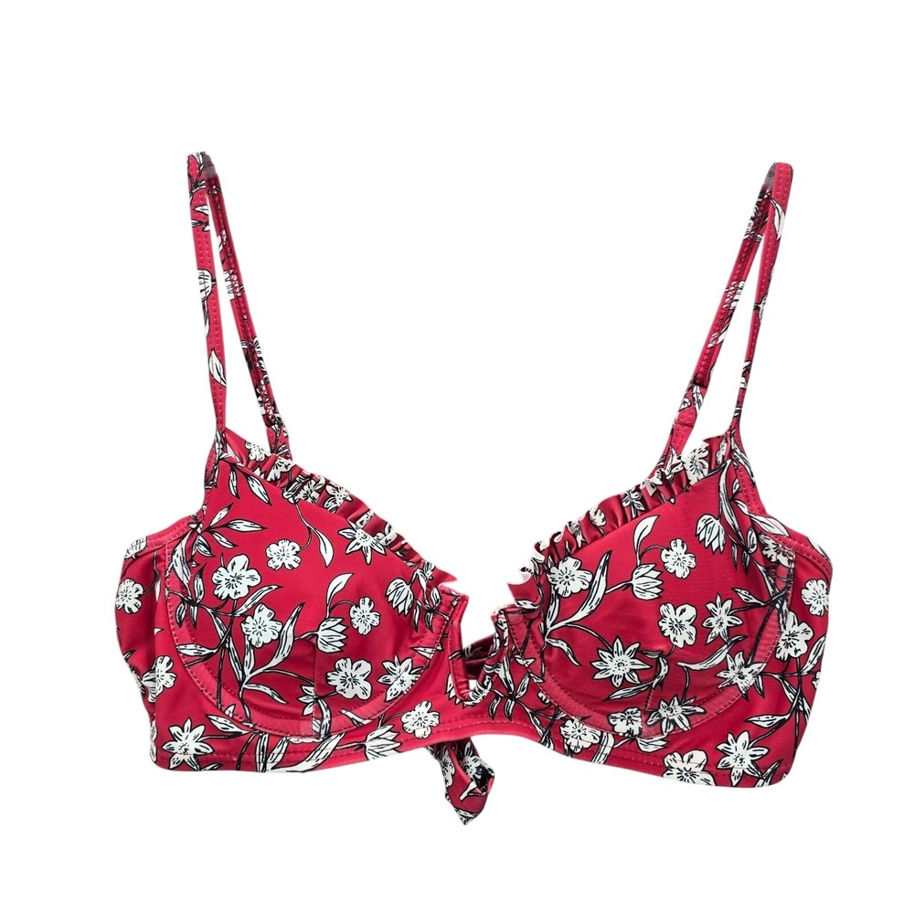 Y2K Floral Lace Coquette Bow‎ Ties Party Vacation Red Bra Bikini Top Swim Small